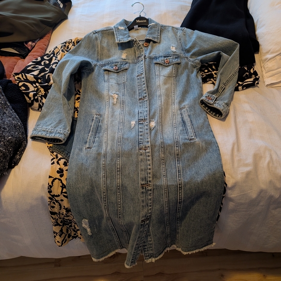 Tribal Jackets & Blazers - Tribal Light Blue Distressed Long Jean Jacket